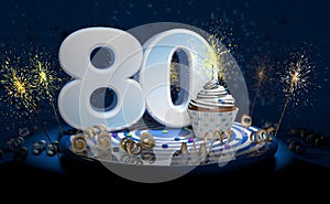 80th birthday or anniversary cupcake with big white number with yellow streamers on blue table with dark background full of sparks photo