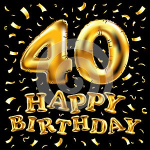 40th Birthday celebration with gold balloons and colorful confetti glitters. 3d Illustration design for your greeting card, birthd