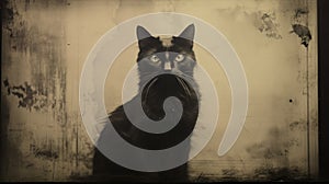 19th Century Calotype Print Enigmatic Black Cat With Bright Eyes photo