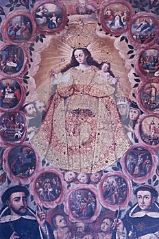 17th century oil painting of the Virgin Mary of the Cuzco school is a famous school of painting that arose in the viceregal city