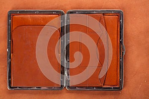 19th century old leather wallet on leather background