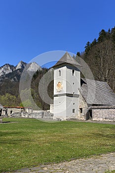 Red Monastery, bell tower, surrounding wall and view on Three Crowns Massif, Slovakia