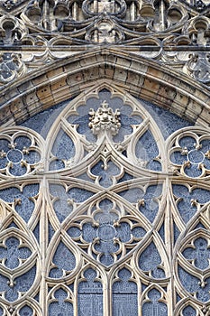 14th century St. Vitus Cathedral , facade, window with stained stained glass, Prague, Czech Republic