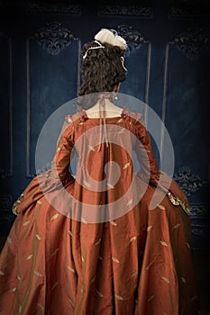 An 18th-Century woman wearing a robe a la Francaise and shown from the back. photo