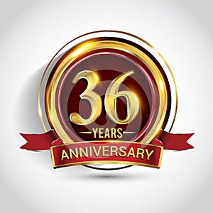 36th golden anniversary logo with ring and red ribbon isolated on white background