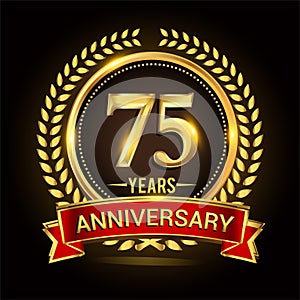 75th golden anniversary logo, with shiny ring and red ribbon, laurel wreath isolated on black background, vector design photo