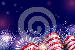 4th of July, American Independence Day celebration background with fire fireworks. Congratulations on Fourth of July.