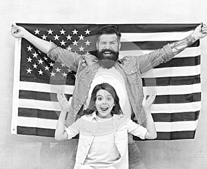 4th of July. Americans celebrate independence day. Father and daughter USA flag. Patriotic family. Independence day is