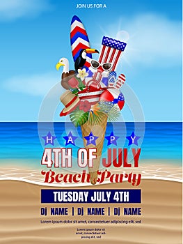 4th of july beach party poster. american independence background with inflatables and tropical plants in a ice cream cone