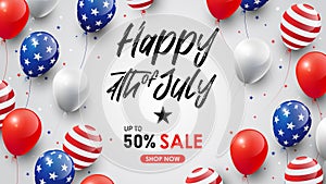 4th of July celebration, Independence day USA sale promotion banner template. American balloons flag typography copy space, vector