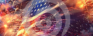 4th of july happy independence day banner design of USA flag with fireworks background Generative ai