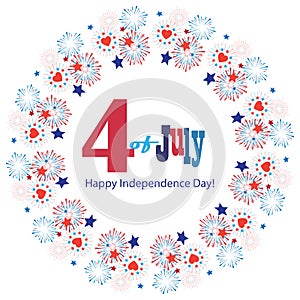 4th of July Happy Independence Day symbols icons card Patriotic American flag, stars fireworks confetti sign vector