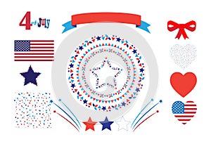 4th of July Happy Independence Day symbols icons set Patriotic American flag, stars fireworks confetti balloons ribbon banner