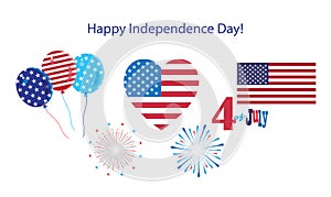 4th of July Happy Independence Day symbols icons set Patriotic American flag, stars fireworks confetti balloons ribbon banner