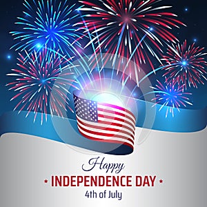 4th of july happy independence day usa, template. American flag on night sky background, colorful fireworks. Fourth of july, US