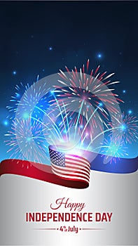 4th of july happy independence day usa, vertical template. American flag on night sky background, colorful fireworks. Fourth