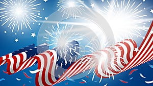 4th of july Independence day banner design of American flag with fireworks on blue background vector illustration