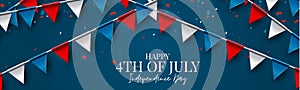 4th of July Independence day celebration banner or header. USA national holiday design concept with bunting flags.