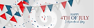 4th of July Independence day celebration banner or header. USA national holiday design concept with bunting flags.