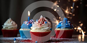 4th July Independence day cupcakes with red, blue and white colors. Generative AI