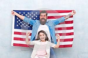 4th of July. Independence day public holiday. Americans celebrate independence day. Father and daughter USA flag