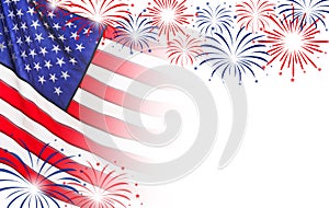 4th of july - Independence Day of USA. American national flag and fireworks on white background, space for design