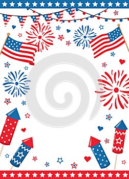 4th of July patriotic border frame with US national colors fireworks, flags and sparks, isolated on white background