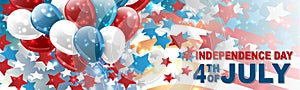 4th of July United States national Independence Day celebration banner with blue, red, and white balloons, confetti, stars, and Am