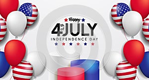 4th july of usa, american independence day ceremonial with podium product display and colorful balloon party celebration poster