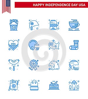 4th July USA Happy Independence Day Icon Symbols Group of 16 Modern Blues of love; american; casino; coffee; tea