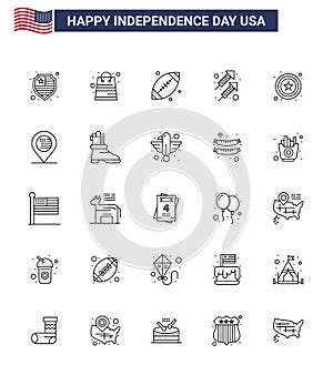 4th July USA Happy Independence Day Icon Symbols Group of 25 Modern Lines of sign; police; footbal; shoot; fire