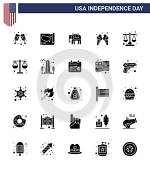 4th July USA Happy Independence Day Icon Symbols Group of 25 Modern Solid Glyph of scale; justice; american; court; cream