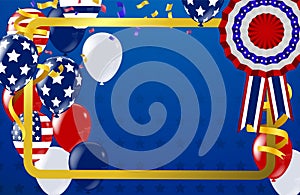 4th of july usa independence day, vector template with american flag and colored balloons on blue shining starry background.