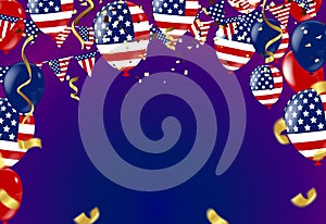 4th of july usa independence day, vector template with american flag and colored balloons on blue shining starry background.