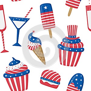 4th of July vector seamless pattern with sweets, ice-cream, hamburger and wineglasses. Isolated on white background. Independence