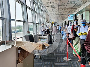 6th June 2020- Netaji Subhas Chandra Bose International Airport, Calcutta, India-Travellers boarding flights in queue maintaining