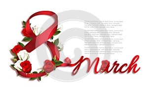 8th March illustration. International Women Day celebration background. Holiday colorful flowers background with red and white