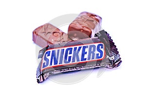20th May 2019,Moscow Russia.SNICKERS chochlate bar isolated over white background