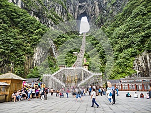 28th of May, 2018: Tourists stepping down the steep 999 stairs at The Tianmen Mountain, The Heaven`s Gate at Zhangjiagie, Hunan P