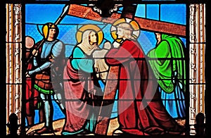 6th Stations of the Cross, Veronica wipes the face of Jesus, stained glass windows in the St Eugene - St Cecilia Church, Paris