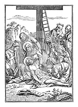 Vintage Antique Religious Biblical Drawing or Engraving of Jesus and 13th or Thirteenth Station of the Cross or Way of photo