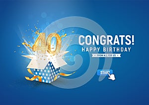 40 th years anniversary banner with open burst gift box. Template fortieth birthday celebration and abstract text on blue