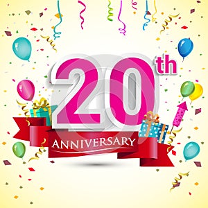 20th Years Anniversary Celebration Design, with gift box and balloons, ribbon, Colorful Vector template elements for your birthday