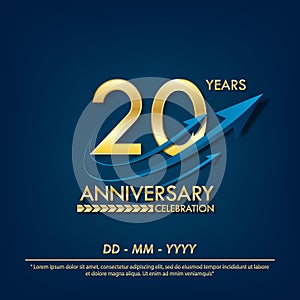 20th years anniversary celebration emblem. anniversary elegance golden logo with blue arrow ribbons on blue background. vector photo