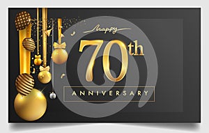70th years anniversary design for greeting cards and invitation, with balloon, confetti and gift box, elegant design with gold and photo