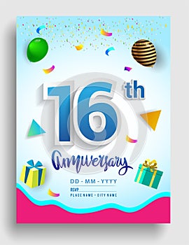 16th Years Anniversary invitation Design, with gift box and balloons, ribbon, Colorful Vector template elements for birthday