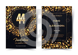 44th years birthday vector black paper luxury invitation double card. Forty four years wedding anniversary celebration