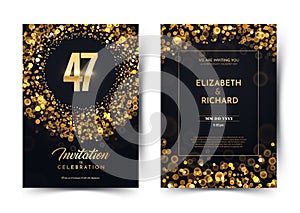 47th years birthday vector black paper luxury invitation double card. Forty seven years wedding anniversary celebration