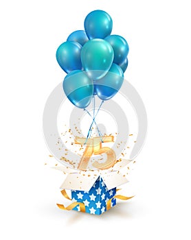 75th years celebrations. Greetings of seventy five birthday isolated vector design elements. Open textured gift box with