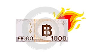 Thai 1000 baht banknote money and flame symbol isolated on white, thai currency one thousand THB, loan and quick money concept,